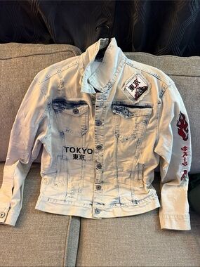 Light Wash Denim Jacket with Tokyo Graphic and Red Flame Sleeve